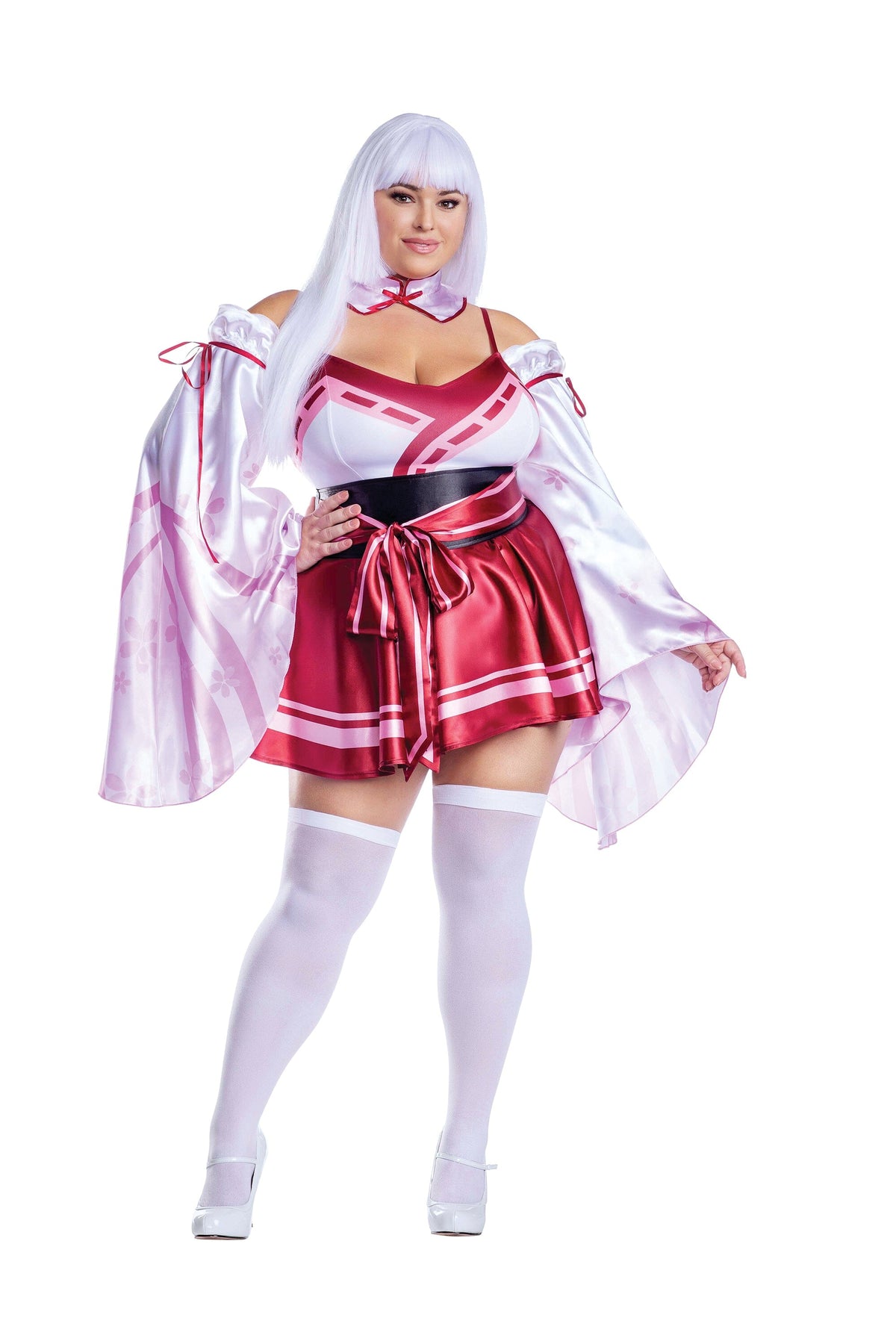 Dreamgirl Plus Size Sakura Shrine Maiden Satin Circle Skirt Dress with Bow Detail Women’s Costume – Japanese-Inspired Outfit Costume Dreamgirl 