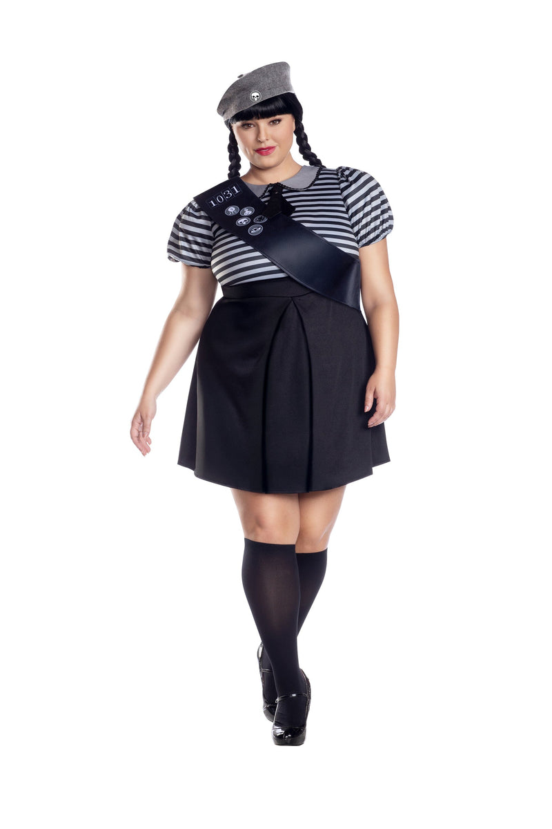 Dreamgirl Plus Size Spooky Scout Stripe Printed Dress with Sash & Beret Women’s Costume – Halloween Outfit Costume Dreamgirl 