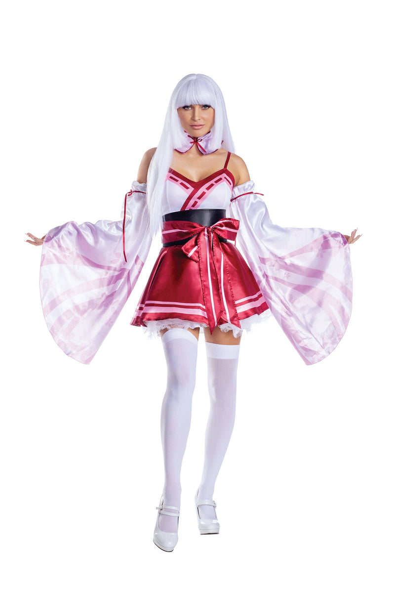 Dreamgirl Sakura Shrine Maiden Satin Circle Skirt Dress with Bow Detail Women’s Costume – Japanese-Inspired Outfit Costume Dreamgirl 