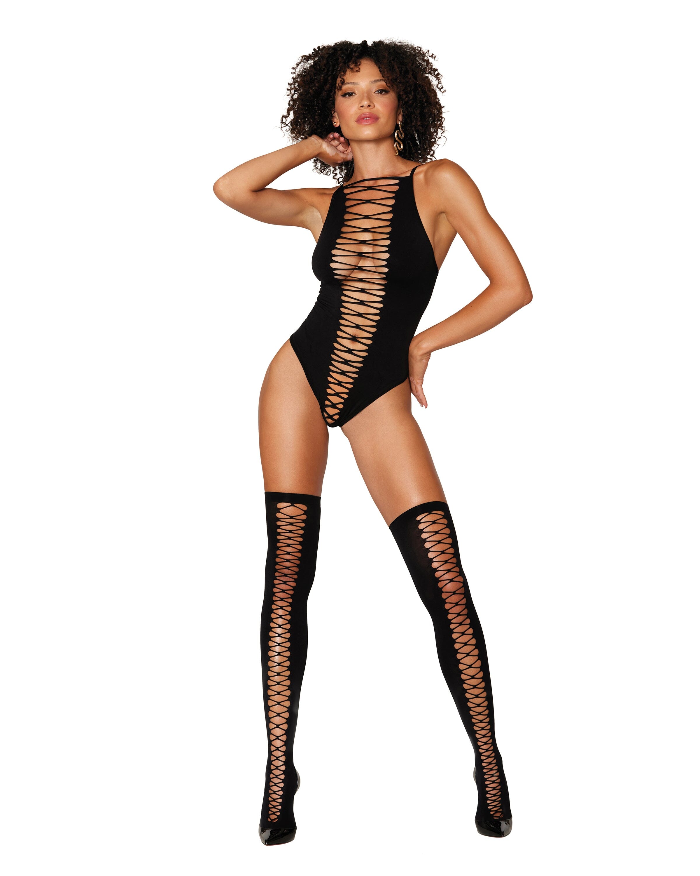 Dreamgirl Women's Opaque Seamless Criss-Cross Teddy and Matching Stockings  Set