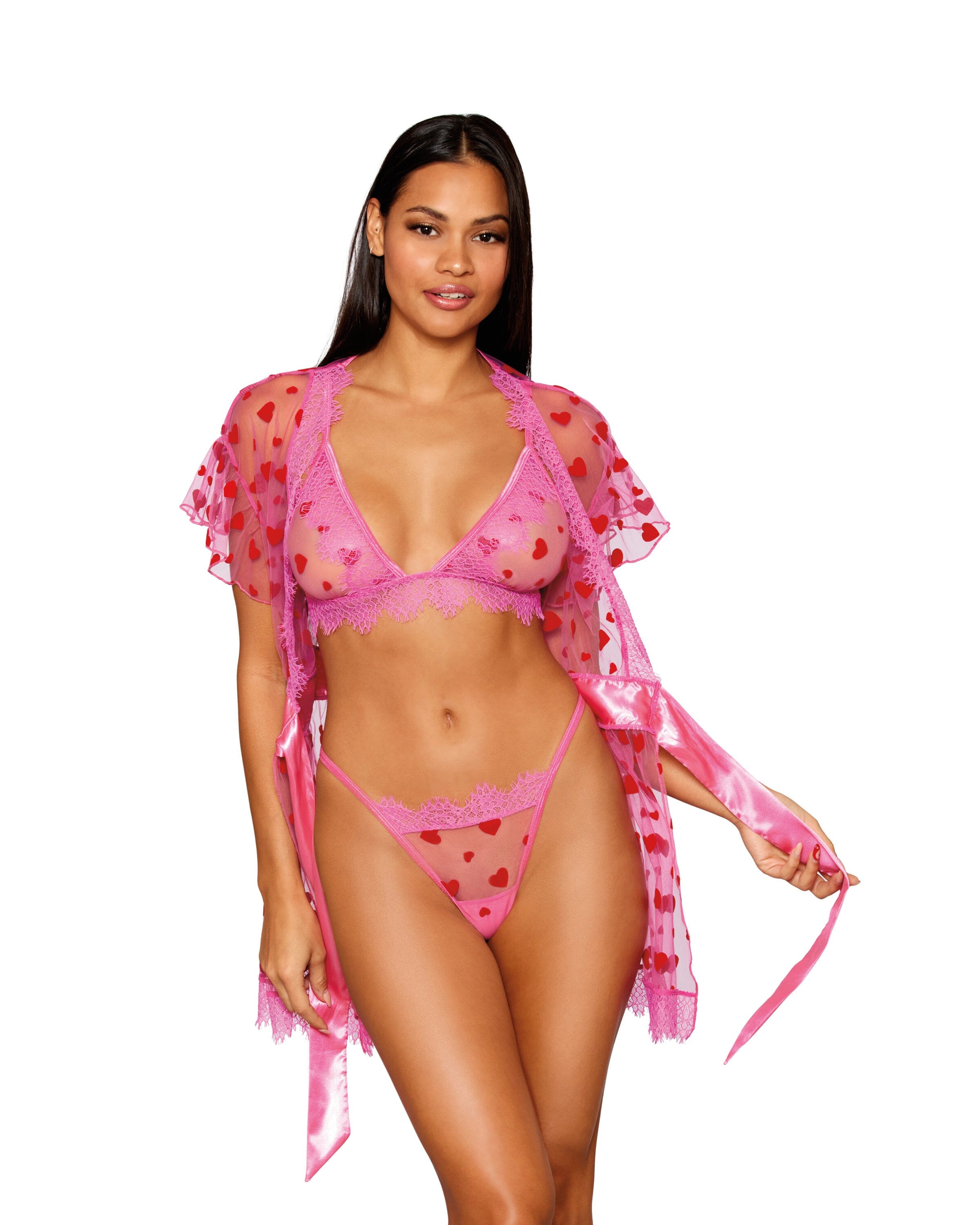 Flocked Heart Mesh and Eyelash Lace Robe, Bralette, and G-string Set –  Dreamgirl