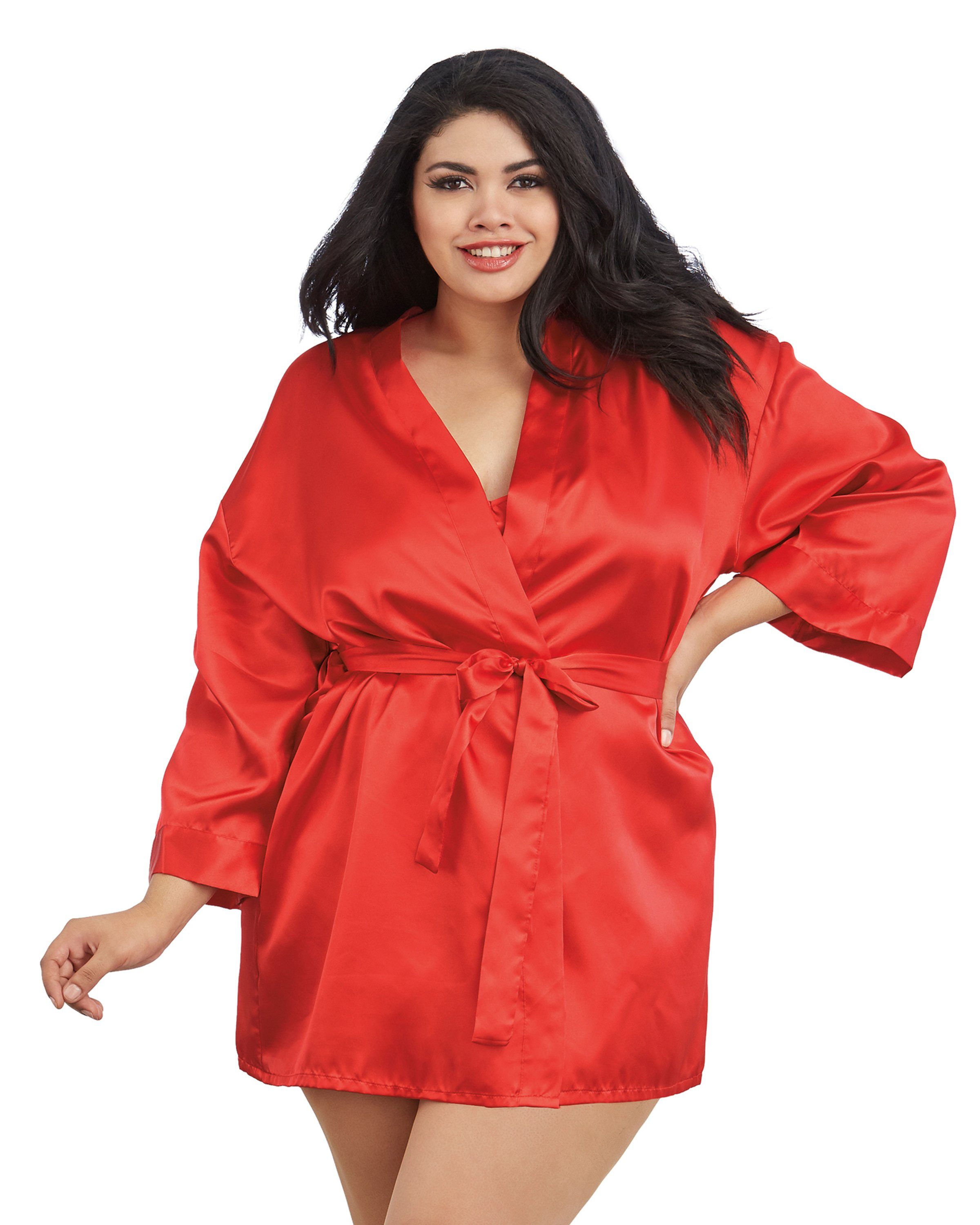 Plus Size Satin Robe & Chemise Set in Red – Dreamgirl