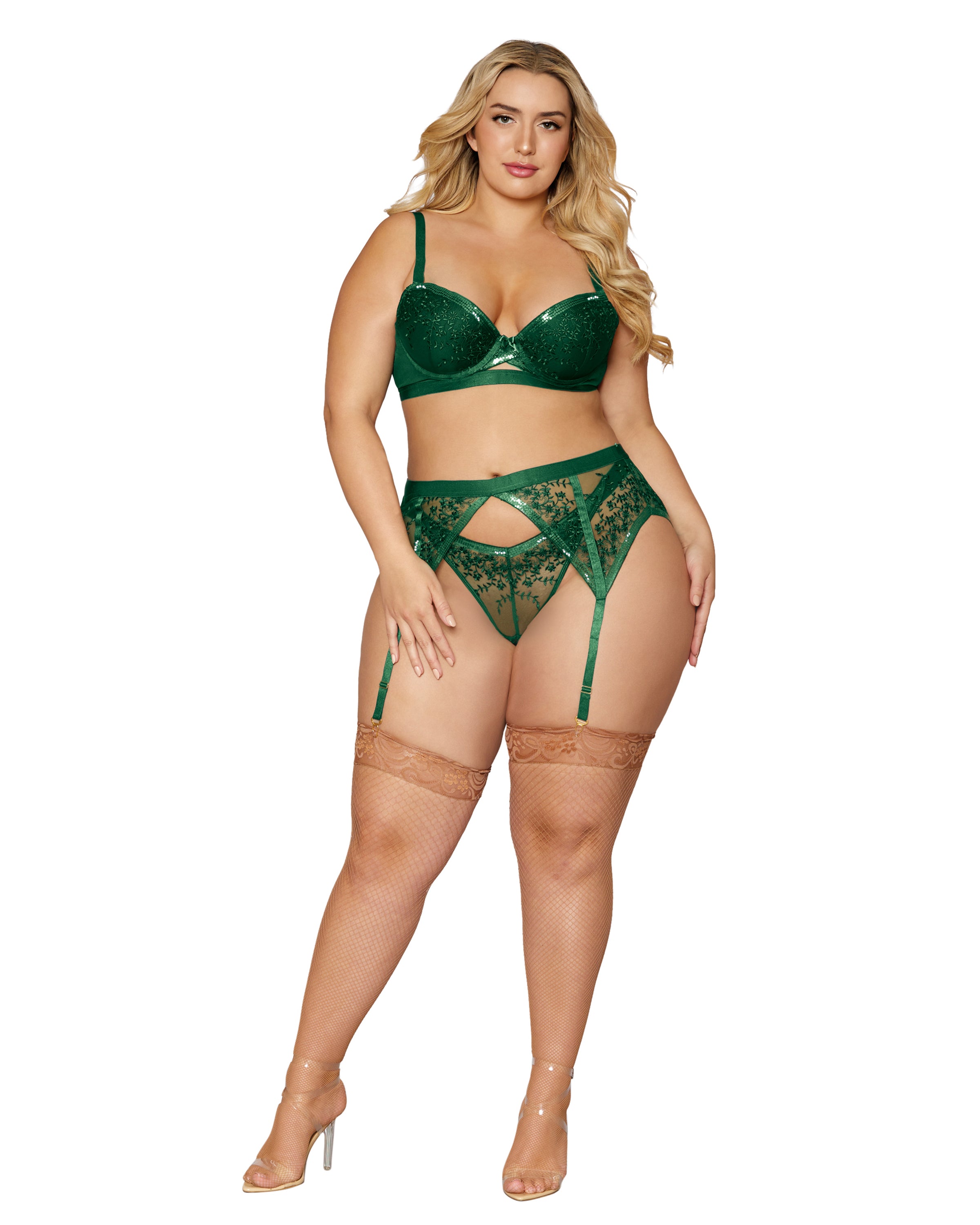 Dreamgirl Plus Size Sequined Floral Embroidered Mesh 3 Piece Set
