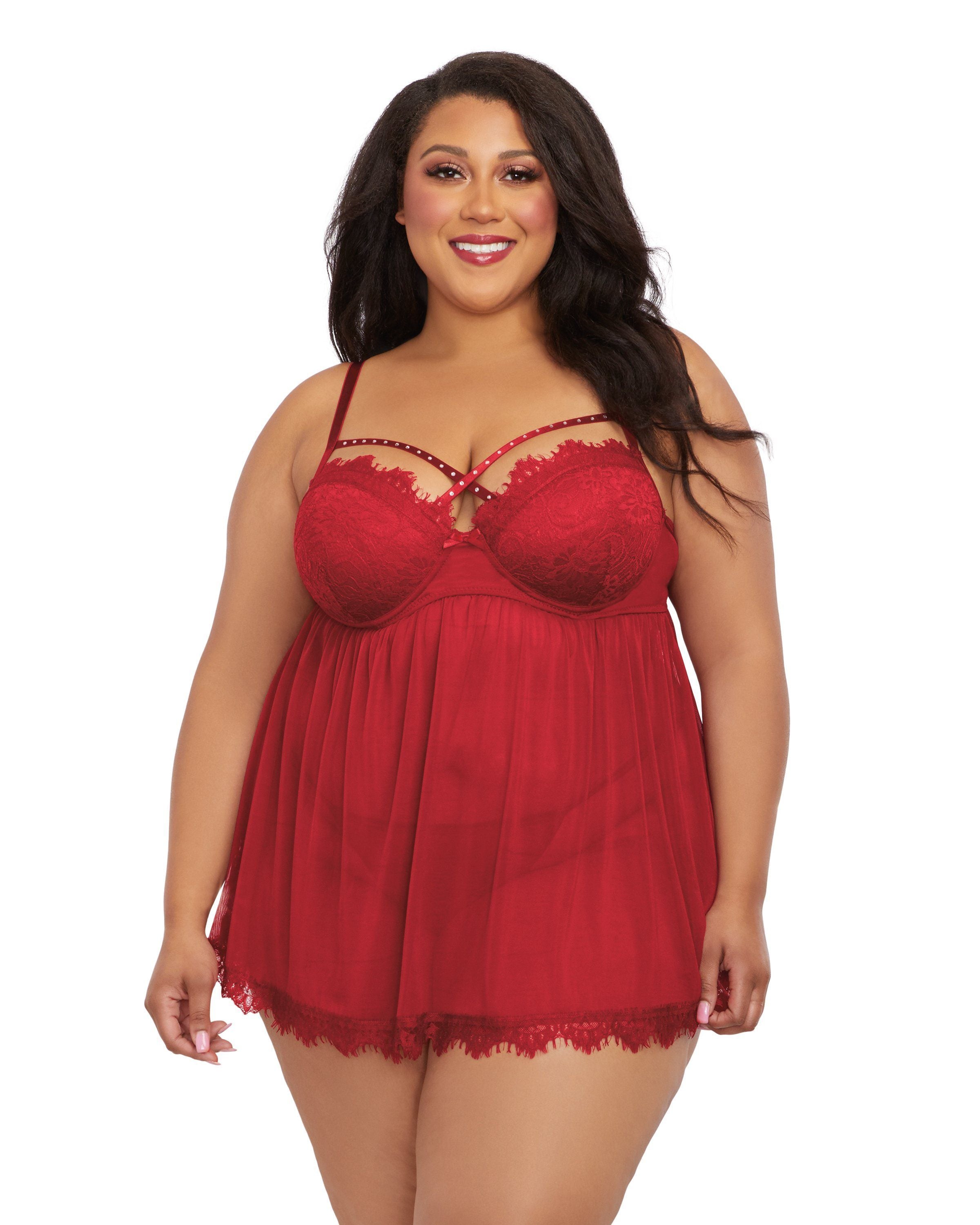 Dreamgirl Plus Size Underwire Push Up Cup Babydoll with Stretch Mesh Skirt