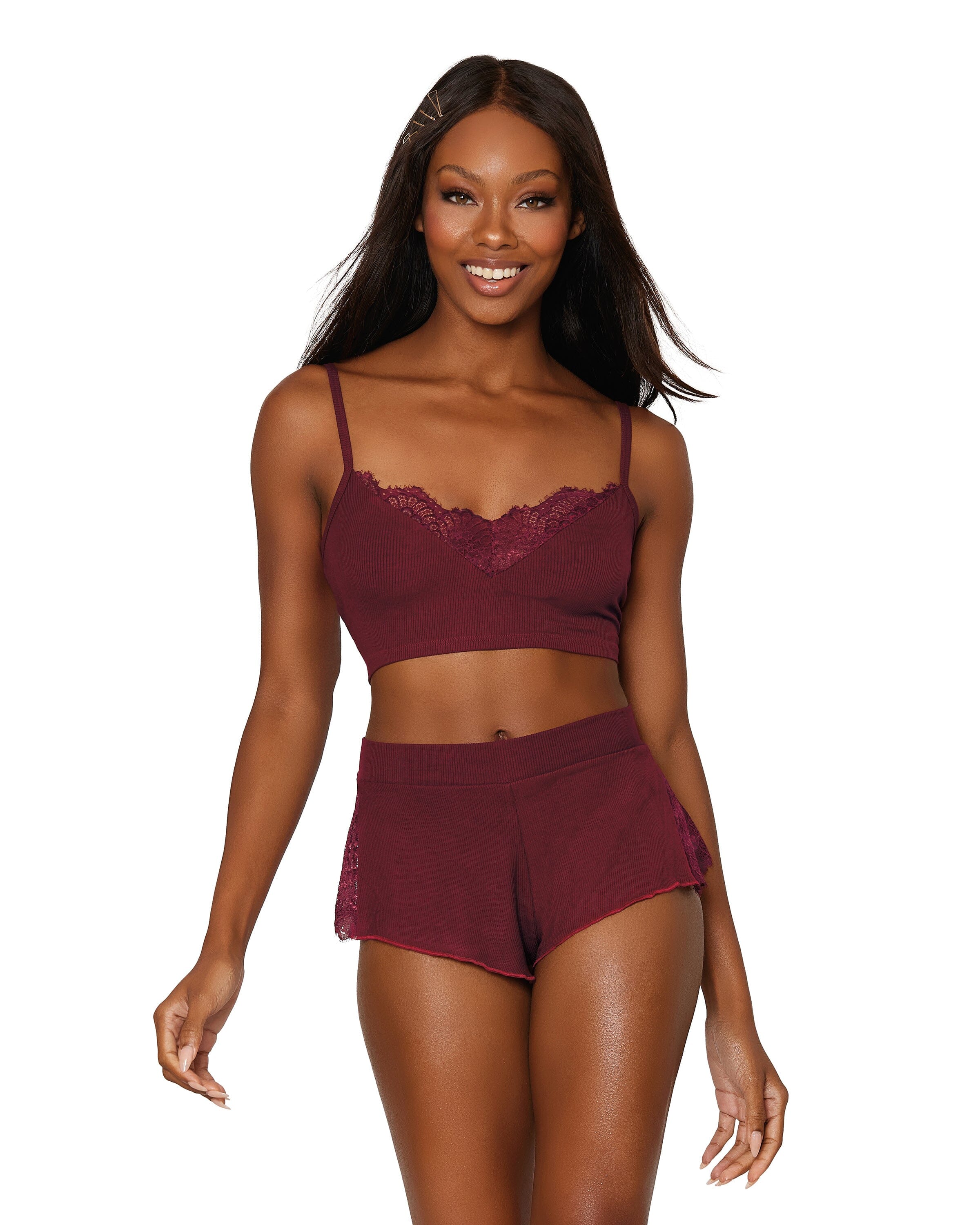 Dreamgirl Rib knit sleepwear bralette and thong set with ruffled lace
